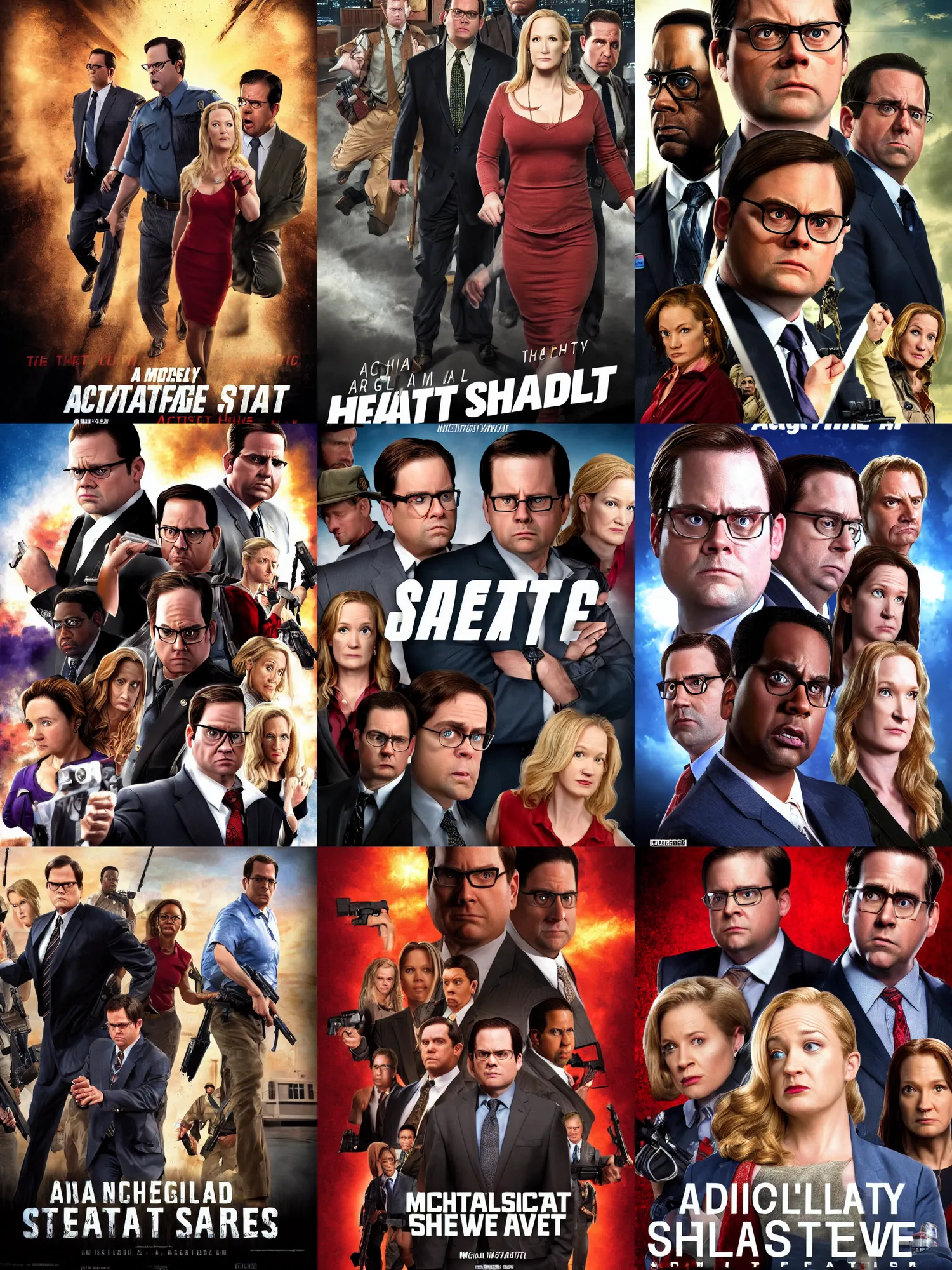 Prompt: a photorealistic action movie poster with dwight schrute, angela kinsey and stanley hudson of the office and with michael scott as the principal actor named threat level midnight, dynamic lighting, cinematic lighting, dramatic lighting, digital art, high resolution, 4 k, by steve carel and tom jung