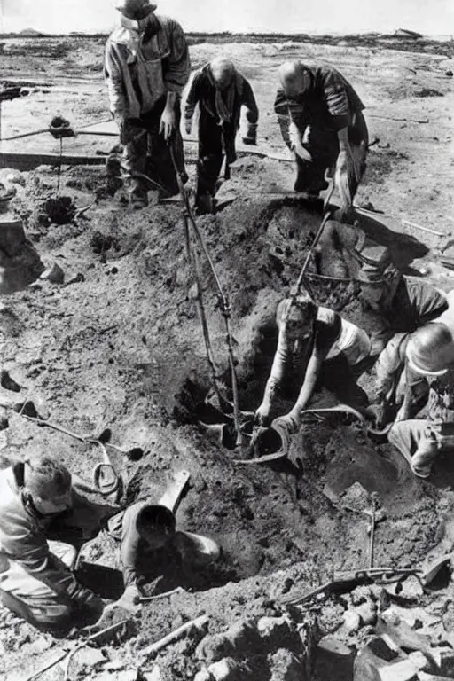 Prompt: team of archeologists digging up an ancient futuristic space craft, historical photograph from the 1940s