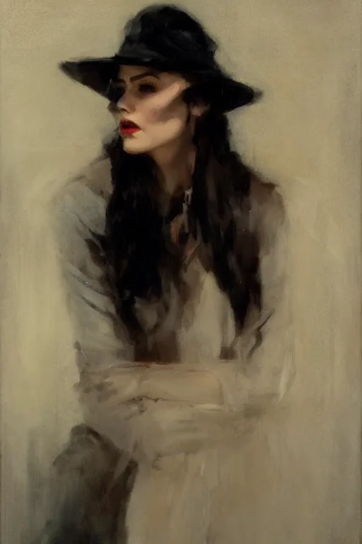 Image similar to Richard Schmid and Jeremy Lipking full length portrait painting of film noir femme fatale