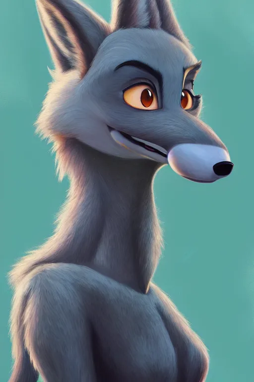 Image similar to oil painting of anthromorphic female wolf, in style of zootopia, female fursona, furry, furaffinity, 4 k, deviantart, furry art, fursona art, wearing black business suit, business suit, wolf fursona, female, very expressive detailed feminine face,