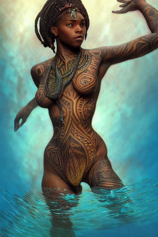 Image similar to underwater photography full body portrait of beautiful nubian ancestral tribal tattooed young hunter pincess, swimming underwater low angle realistic 4 k high quality photography by terry o'neill intricate, elegant, highly detailed, digital painting, artstation, concept art, smooth, sharp focus, illustration, art by artgerm and greg rutkowski and alphonse mucha, 8 k