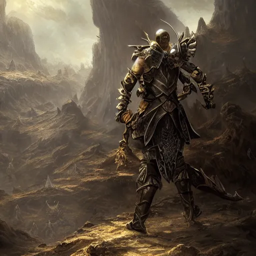 Image similar to A warrior with edgy armor standing in caves made of skulls. sharp focus, extravagant matte painting, highly detailed oil painting, 8k, devastatingly beautiful atmosphere, elegant cinematic fantasy art, overwhelming depth and detail, soft colors, masterpiece