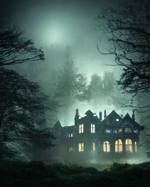 Image similar to a wide angle low photo of a colossal haunted victorian mansion on the edge of a cliff above a misty forest at night, volumetric light, epic proportions, ectoplasm, mystical, occult, alchemy, ultra detailed, 8 k