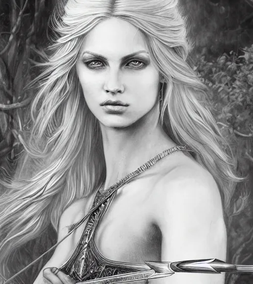 Image similar to portrait of beautiful aphrodite goddess as an archer warrior, arrow, beautiful piercing eyes, flowing blonde hair, realistic face, black and white drawing, in the style of greg rutkowski, fantasy, amazing detail, epic, intricate, elegant, smooth, sharp focus