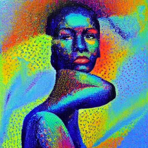 Image similar to oil on canvas, vivid colours, portrait of a beautiful woman, very impressionistic, abstract, pointillism, it is painted really roughly