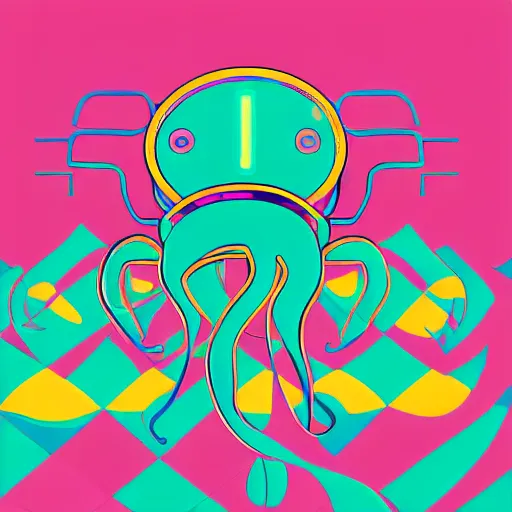 Image similar to cyborg octopus dj in headphones, digital art, geometric, vector art