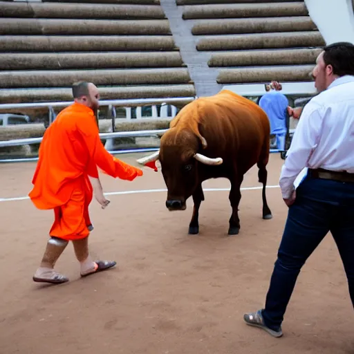 Prompt: bull wearing orange inmate clothes in a bullring with a torero