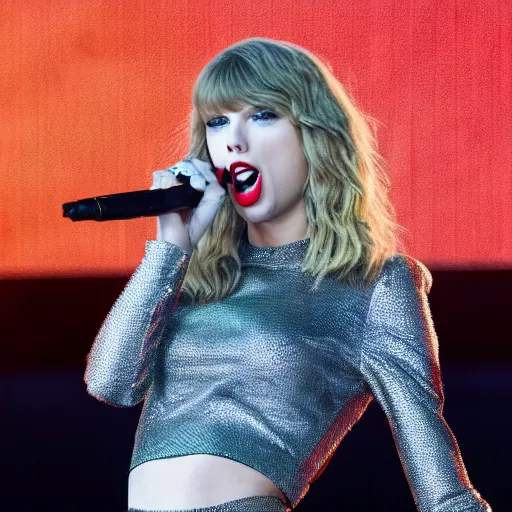 Prompt: photograph of Taylor Swift performing on stage, wearing a crop top, highly detailed, 8k