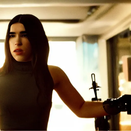 Image similar to movie still of cyborg dua lipa, cinematic composition, cinematic light, criterion collection, by edgar wright