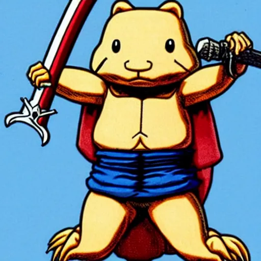 Image similar to Akira Toriyama’s original design for the beloved anthropomorphic beaver, who is also a medieval holy crusader knight, holding enormous sword