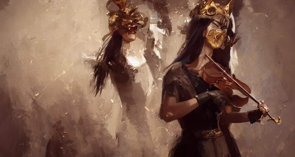 Image similar to craig mullins and ghibli digital art of masked female violinist, exotic costumes, gold jewelry, black hair unreal engine, hyper realism, realistic shading, cinematic composition, realistic render, octane render, detailed textures, photorealistic, wide shot