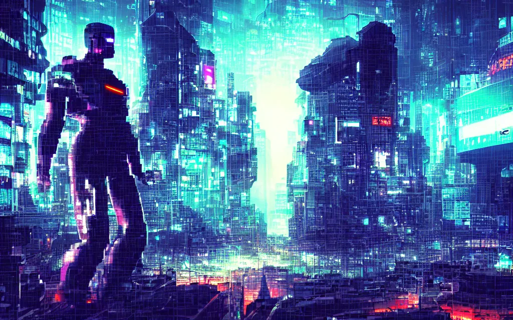 Prompt: cyborg in colossus tower data storage style cyberpunk retrowave william gibson high detalied realistic photo widescreen