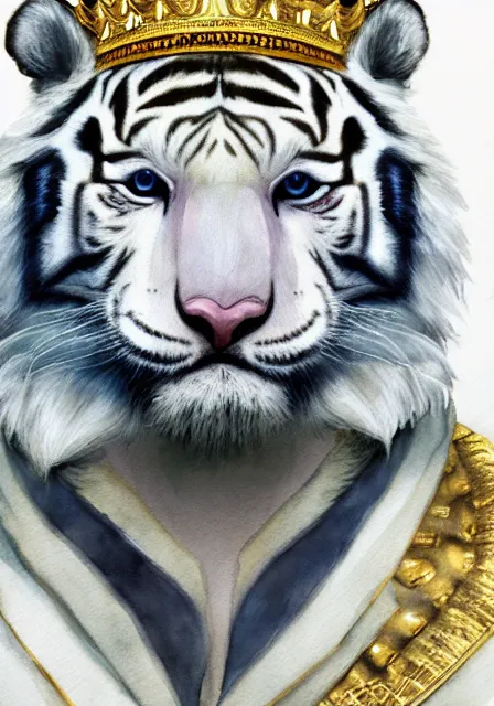 Image similar to furry art, watercolor of a white tiger king with gold crown and blue king suit, concept art, portrait, super detailed, 4 k hd, trending on artstation, deviantart, octane render, cry engine, unreal engine 8 k, cycles x, digital painted, low contrast, made by greg rutkowski and viktoria gavrilenko