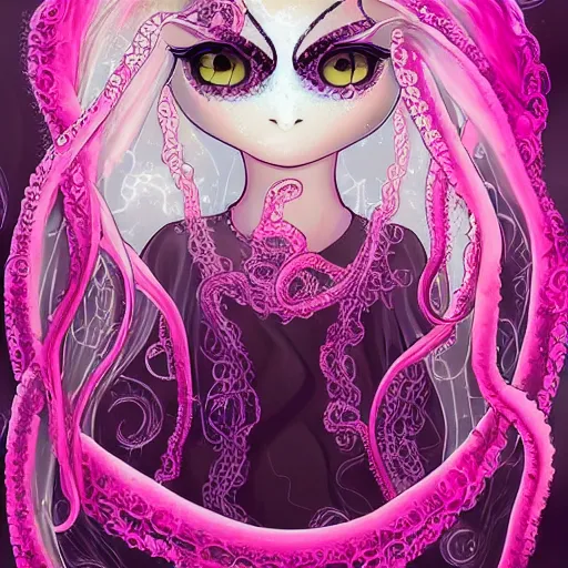 Prompt: Cthlulu!!!!!!!!!!!!!!! Squid-face lovecraftian eldritch profile pic, lace veil, magazine photoshoot, tentacles, glow galaxy background,