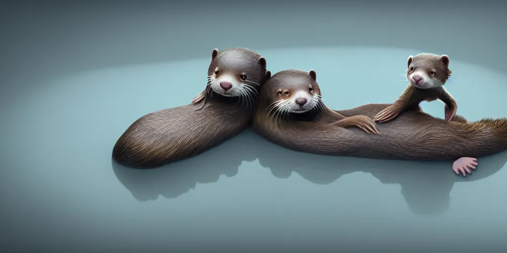 Prompt: my little everything, happy brave magical cuteness, fantasy otter love, otters holding hands side by side in the scary stormy sea, he holds her while she sleeps, hyper - realism, 8 k octane render