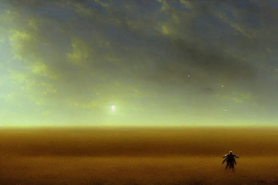 Image similar to sci-fi painting of a large alien city on the vast wheat fields, the closed back view of one humanoid robot on the ground, by Ivan Aivazovsky, godrays, atmospheric, cinematic, detailed