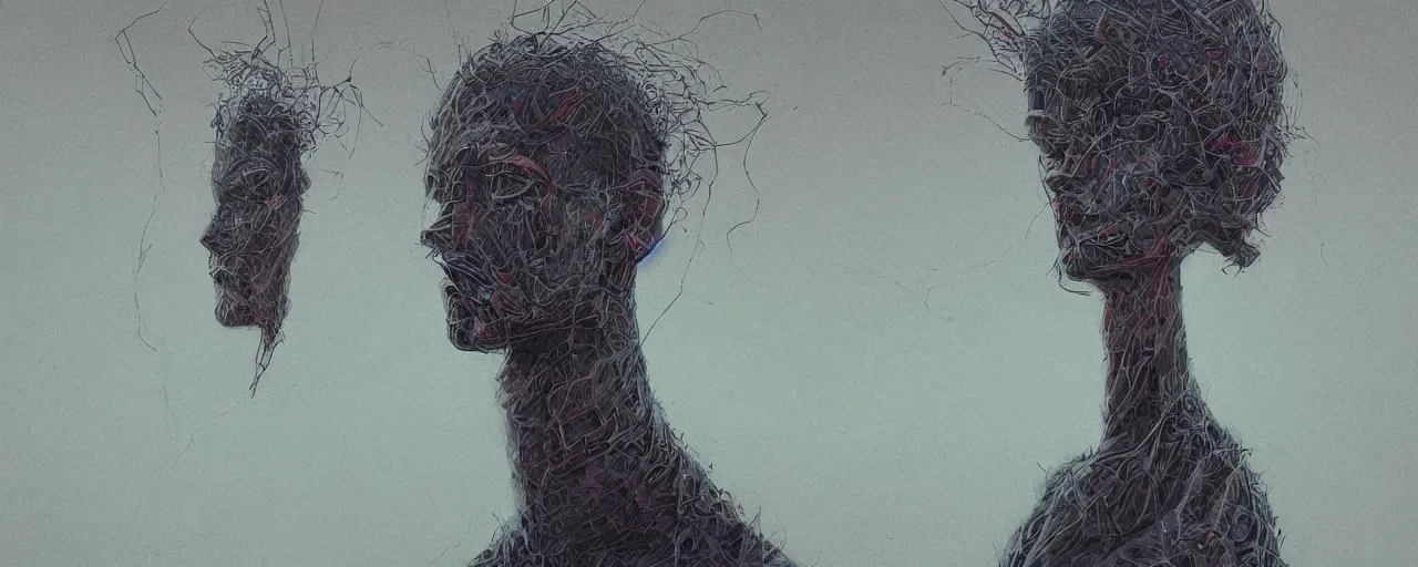 Image similar to portrait of a one man in the style of android jones and zdzislaw beksinski