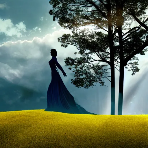 Prompt: silhouette of woman with flowing hair overlooking an expansive green hillside while leaves and a blue-yellow sky beam, extremely moody lighting, glowing light and shadow, atmospheric, fine art, trending, featured, 8k, photorealistic, complex,symmetrical , 3-point perspective, hyper detailed, unreal engine 5, IMAX quality, cinematic, high resolution, 3D, PBR, path tracing, volumetric lighting, octane render, arnold render