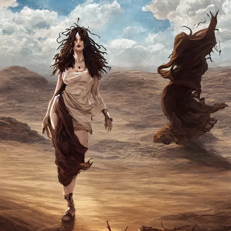 Prompt: A greek goddess walking across a vast desert under an unrelenting sun. award winning. superb resolution. in the art style of junji Ito and greg rutkowski. Detailed post-apocalyptic wasteland in background. Hyper realistic anime. Perfect art.