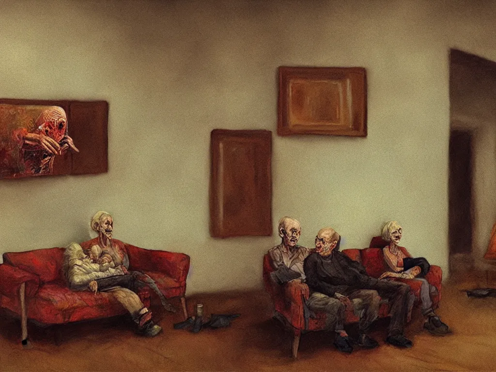 Prompt: photo of a very old dead couple sitting on a couch in an old soviet apartment, psx game graphics , Beksinski painting, part by Adrian Ghenie