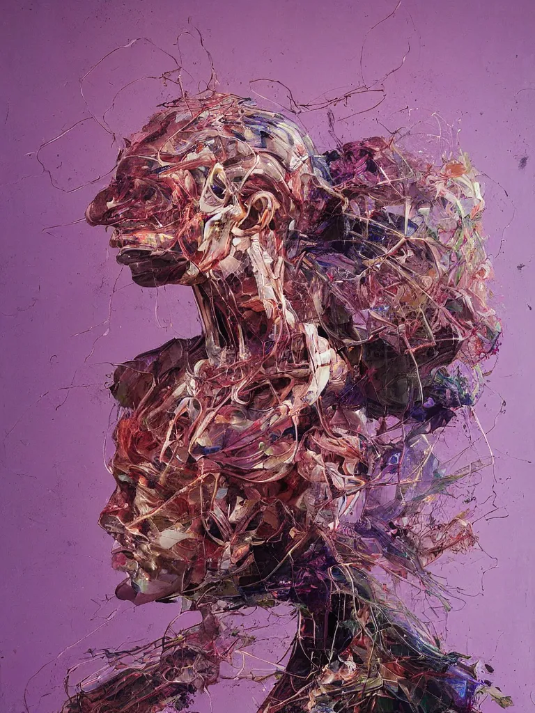 Image similar to a beautiful glitched painting by robert proch of a glitched anatomy study of the human nervous system, color bleeding, pixel sorting, copper oxide material, brushstrokes by jeremy mann, studio lighting, pastel purple background, square glitches