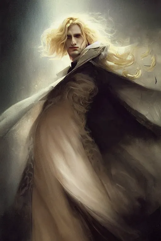 Prompt: johan liebert mixed with alucard picture by Greg Rutkowski, long fluffy blond curly hair, baroque curls, dynamic pose, matte painting, intricate, z brush, fantasy concept art, elegant, pregnant, by Stanley Artgerm Lau, WLOP, golden ratio, thomas kindkade, alphonse mucha, loish, Peter chung, norman Rockwell,