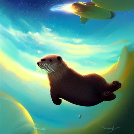 Image similar to an otter swimming through space, digital painting, detailed, full body, trending on art station, art by rhads, art by miyazaki