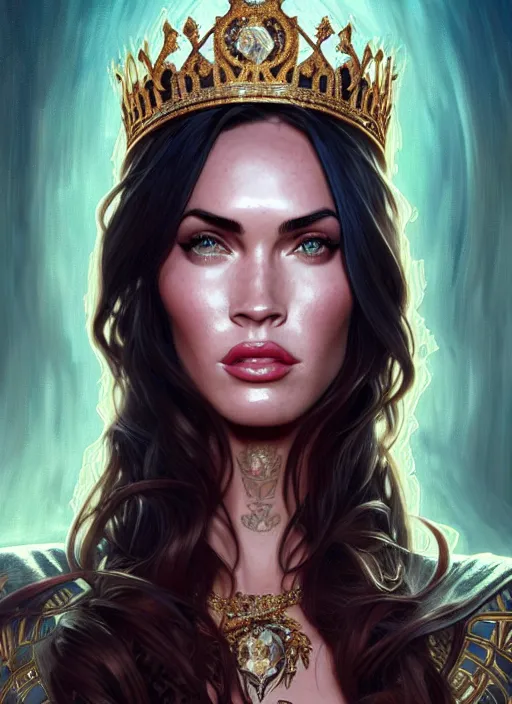 Prompt: portrait of megan fox as a queen, throne, jewelry, greek, saphir, intricate, headshot, highly detailed, digital painting, artstation, concept art, sharp focus, cinematic lighting, illustration, art by artgerm and greg rutkowski, alphonse mucha, cgsociety