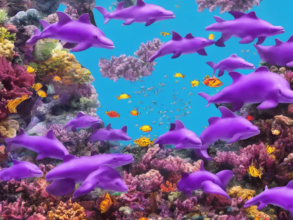 Prompt: a family of purple dolphins in a colorful coral reef, photorealistic, insane engine, high definition, 3d render, trending on artstation,