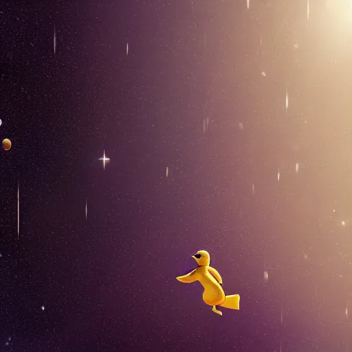 Image similar to A little duckling floating in space with an astronaut suit, 4k, photograph, photoreal, realistic, highly detailed, epic lighting, awar winning