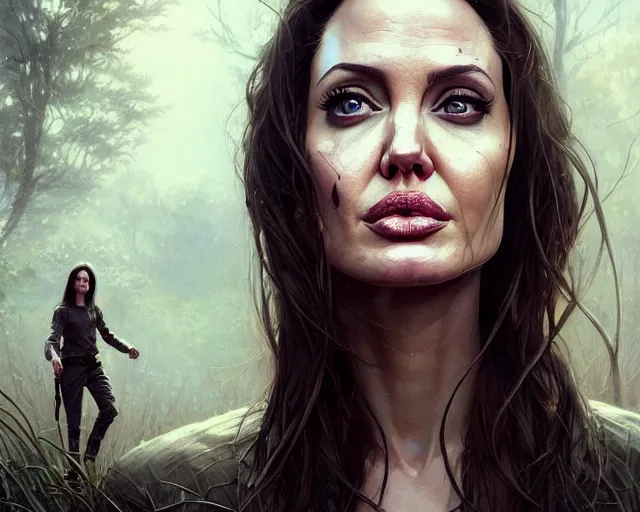 Image similar to highly detailed portrait of angelina jolie, in the walking dead, stephen bliss, unreal engine, fantasy art by greg rutkowski, loish, rhads, ferdinand knab, makoto shinkai and lois van baarle, ilya kuvshinov, rossdraws, tom bagshaw, global illumination, radiant light, detailed and intricate environment