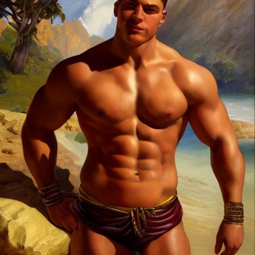 Prompt: the ultimate Peruvian gigachad, shirtless muscular man, oil on canvas artstation by J. C. Leyendecker and Edmund Blair Leighton and Charlie Bowater octane render