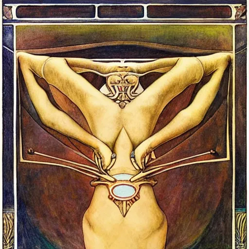 Image similar to weeping robot wearing the bone crown, by Annie Swynnerton and Diego Rivera and Evelyn De Morgan, symbolist, dramatic lighting, elaborate geometric ornament, Jugendstil ,god rays, soft cool colors,smooth, sharp focus, extremely detailed, Adolf Wölfli