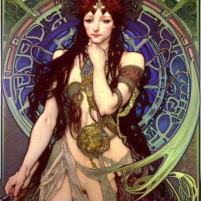 Prompt: realistic detailed face portrait of a beautiful futuristic priestess in opulent alien mythic armor by alphonse mucha, ayami kojima, amano, greg hildebrandt, and mark brooks, female, feminine, art nouveau, aetherpunk, neo - gothic, gothic, character concept design