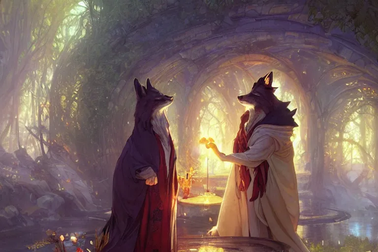 Prompt: an anthropomorphic fox wizard wearing long flowing robes teaches his apprentice a new magical spell in front of a magical gateway to another universe, illustration by greg rutkowski, thomas kindkade, alphonse mucha, loish, norman rockwell, artstation, furaffinity