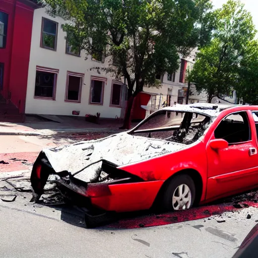 Prompt: front view red car Burned with the broken windshield, in the street