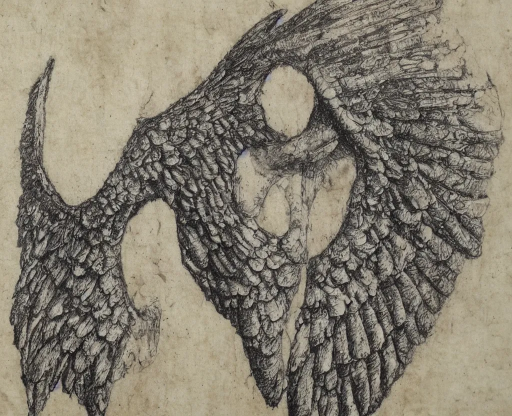 Prompt: ancient majestic, regal, humanoid creature, fantasy, angel wings, torso and head, bust, musculature, diagram, sketchbook, greys anatomy book, etching, intaglio, on old distressed parchment paper,