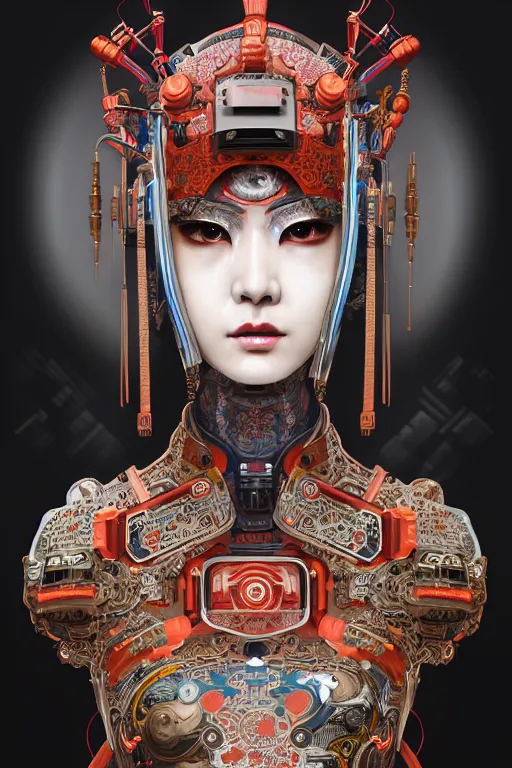 Image similar to portrait of a cyberpunk machine, machine face, upper half portrait, decorated with chinese opera motifs, asian, fine china, traditional chinese art, intricate, elegant, highly detailed, symmetry, headpiece, digital painting, artstation, concept art, smooth, sharp focus, illustration, art by artgerm and greg rutkowski and alphonse mucha, 8 k