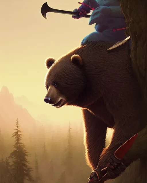 Image similar to highly detailed surreal vfx portrait of a ninja bear holding an axe, stephen bliss, unreal engine, greg rutkowski, loish, rhads, beeple, makoto shinkai and lois van baarle, ilya kuvshinov, rossdraws, tom bagshaw, alphonse mucha, global illumination, detailed and intricate environment