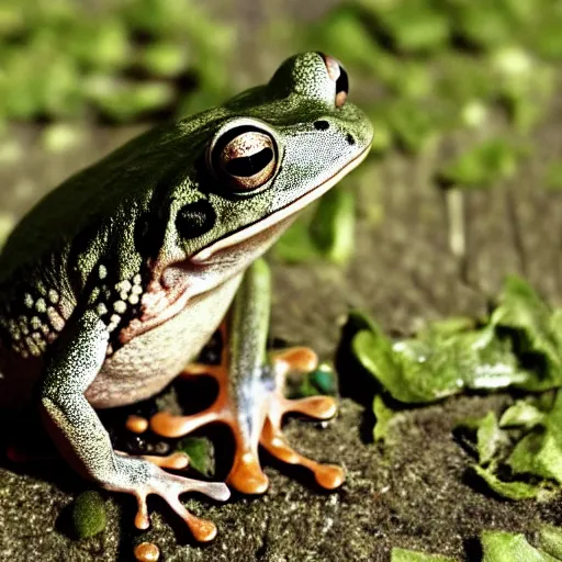 Image similar to An old photo of a sophisticated frog in a nice suit, he is totally lost in a field, hands in pockets