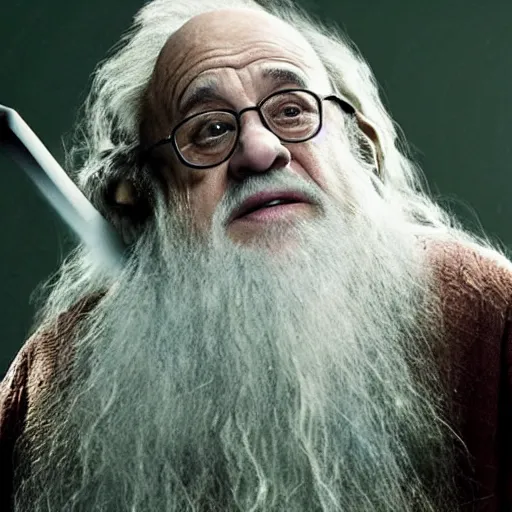 Image similar to movie still of danny devito starring as gandalf the white in the 2 0 2 4 lord of the rings movie, full body, hyper realistic, high quality