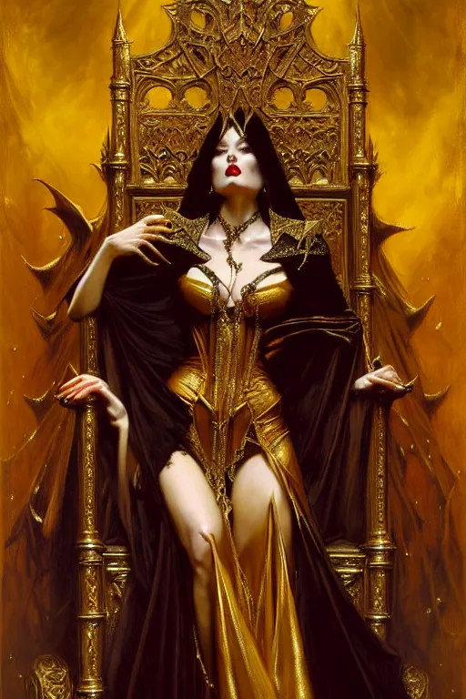 Image similar to full body portrait of beautiful vampire queen in gold gothic robe sitting on a throne of bones, elegant, highly detailed painting by gaston bussiere, craig mullins, j. c. leyendecker, 8 k, mid shot