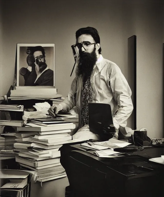 Prompt: a color photograph of morteza jafari in his office, by thomas ruff, intense, bold, hyperrealistic, ultra sharp, extra details, ultra high quality, trending on pinteresst