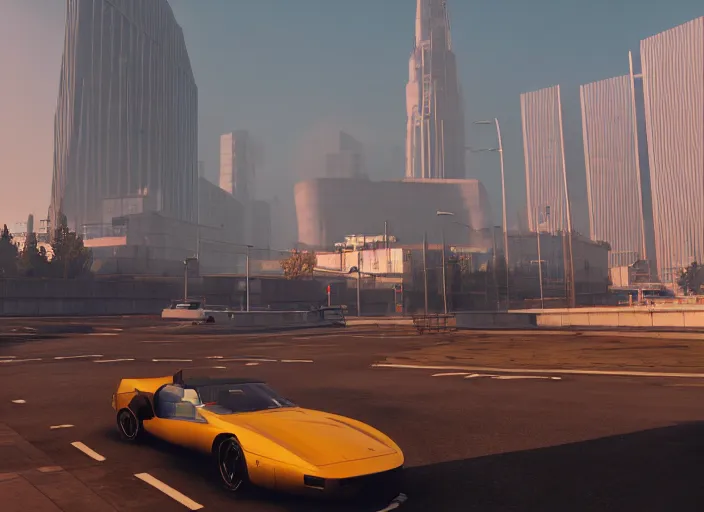 Image similar to gta in moscow, playstation 5 screenshot, symmetrical, mega details, golden hour, fog, beautiful rtx reflections, brutalism buildings, photorealistic, unreal engine 5, octane render, volumetric light, cg society, 4 k, bokeh, lada car, artstation