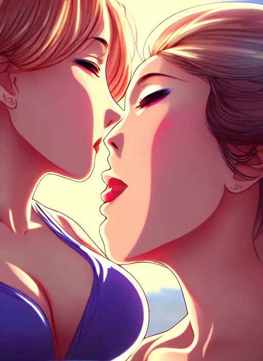 Prompt: two beautiful mothers outside on a hot summer evening, gorgeous faces, thick lines, cinematic lighting, detailed anime art