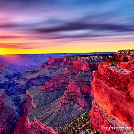 Image similar to a photograph of a pink and blue sunset at the grand canyon,