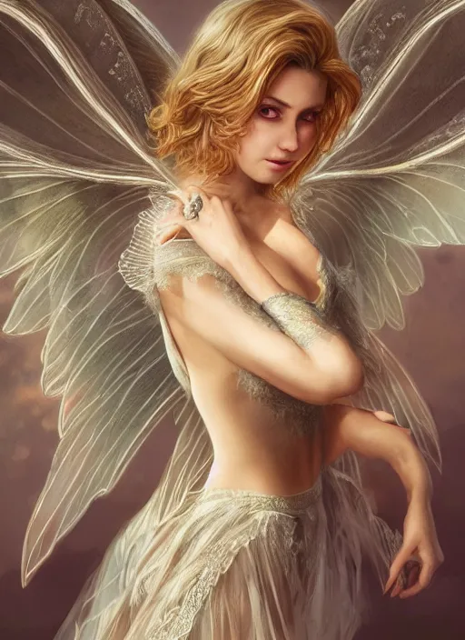 Image similar to full body portrait of a beautiful fairy women with wings of lace, by artgerm, sunny day, highly detailed, perfect lighting, perfect composition, symmetry, detailed features, 4 k, by alan lee, by derek zabrocki, by greg rutkowski