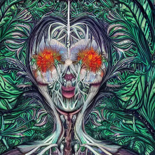 Image similar to a beautiful detailed photo of a full body rotten woman corpse morphing into fractal plants and fractal flowers and mushrooms, face muscles, veins, anatomical, intricate, ornate, volumetric light, beautiful lit, beetlejuice