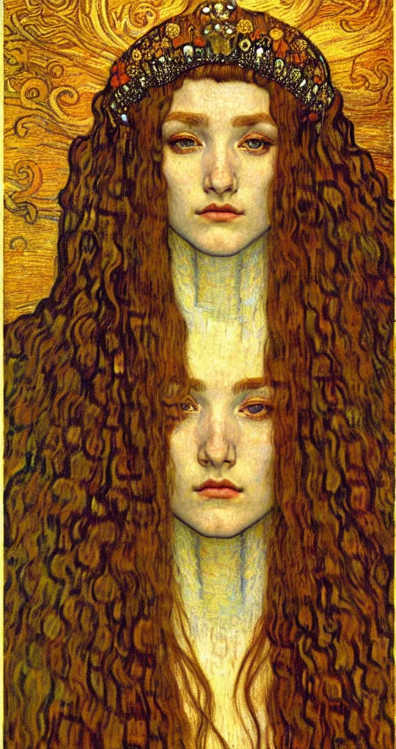 Image similar to detailed realistic beautiful young medieval queen face portrait by jean delville, gustav klimt and vincent van gogh, art nouveau, symbolist, visionary, gothic, pre - raphaelite, muted earthy colors, desaturated