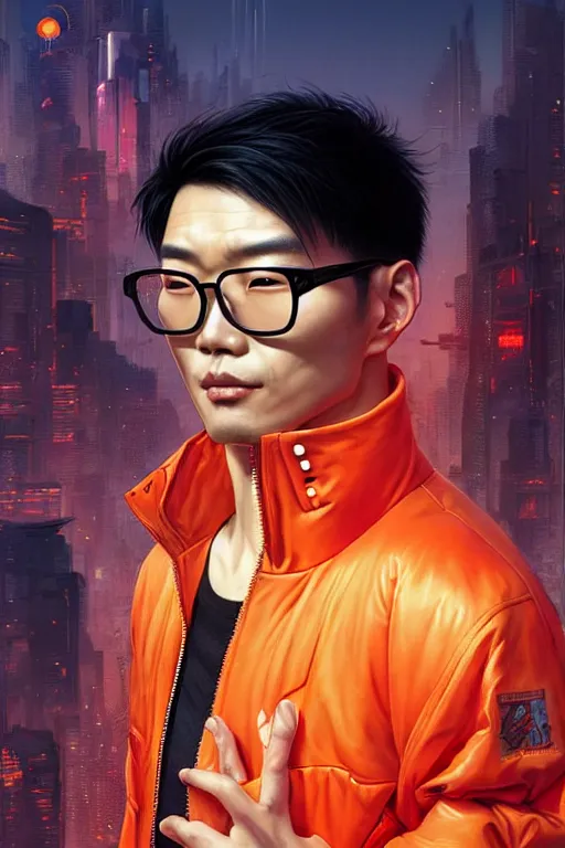 Prompt: an east asian man with short black hair, broad shoulders, thick round spectacles, wearing a bright orange bomber jacket, seductive cyberpunk dark fantasy, art by artgerm and karol bak and moebius and alphonse mucha and greg rutkowski, hyperdetailed, ultrarealistic, octane render